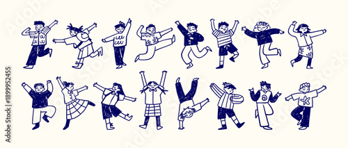 Doodle children dance set. Happy kids move with music and have fun. Funny little girls and boys celebrate success and holiday. Outline hand drawn isolated vector illustrations on white background.