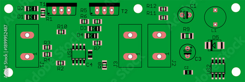 Placement of components of radio elements (contact
pads and seats) on printed circuit
board of electronic device.
Vector engineering 
drawing of pcb. Electric background. 