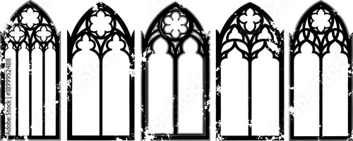 gothic stained glass window silhouettes with intricate arched designs and floral patterns