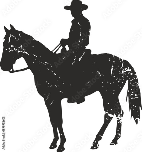 Silhouette of a cowboy riding a horse with western hat and vintage distressed texture