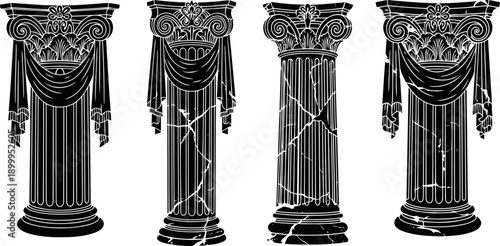 Classical corinthian columns with draped fabric and ornate capitals in black silhouettes