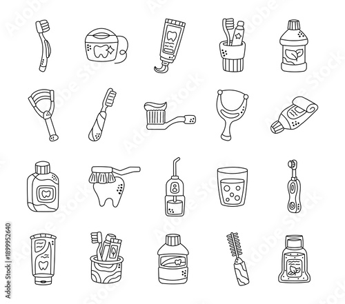 Cleaning teeth set in outline line art featuring oral hygiene tools toothbrush toothpaste floss mouthwash irrigator scraper cup electric care