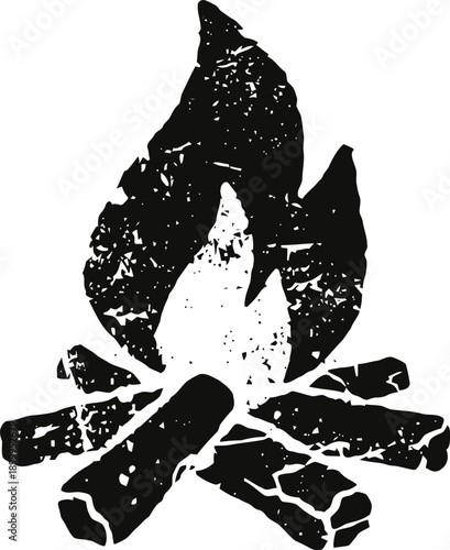 Black and white distressed campfire flame with logs silhouette design
