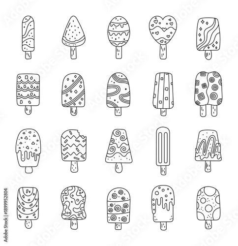 Ice cream stick set in outline line art featuring dessert assortment perfect creative projects showcasing cones bars snacks treats dairy cafe