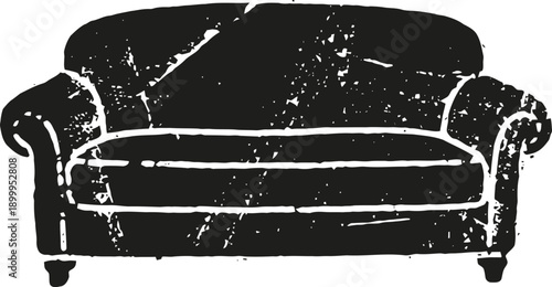 Vintage distressed black couch silhouette with rolled arms and cushioned seating