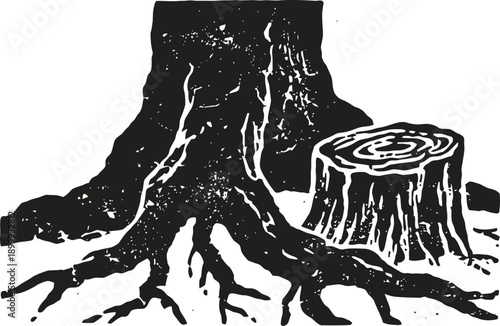 Large tree stump with roots and a smaller cut tree stump illustration in black and white
