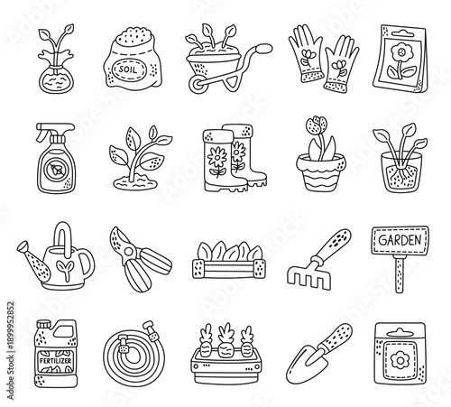 Gardening product set in outline line art featuring seedling soil wheelbarrow gloves pots watering can hose fertilizer rake trowel sign crate