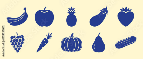 Collection of Blue Fruit and Vegetable Icons on Cream Background, Flat Design Vector Illustration