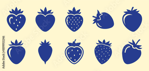 Collection of Dark Blue Strawberry Icons and Graphics in Flat Design Style