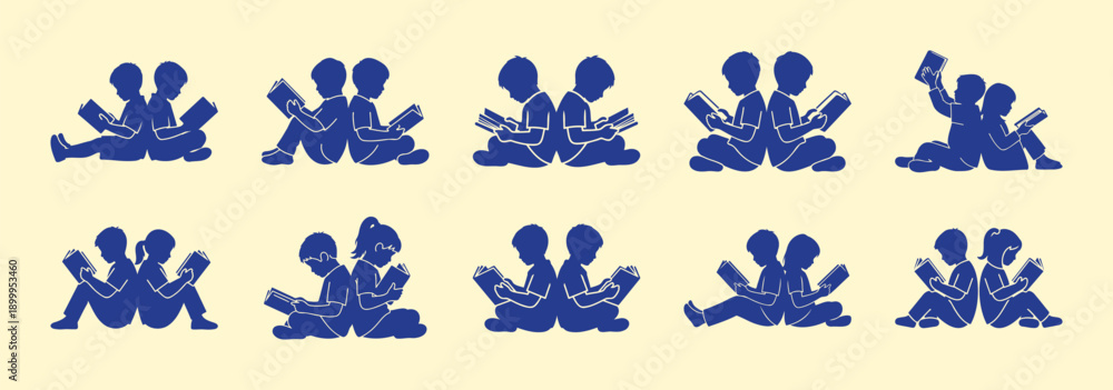 Fototapeta premium Children Reading Books Together Back-to-Back, Diverse Poses, Flat Design Vector Illustration