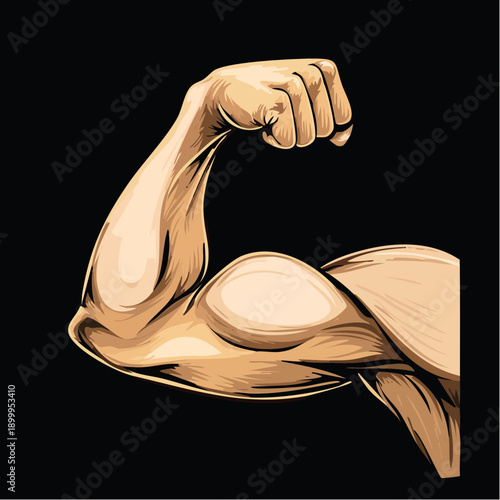 Detailed illustration of a toned human arm flexing biceps muscle with strong definition against a stark black background showcasing muscle power and strength in a warm skin tone with dramatic