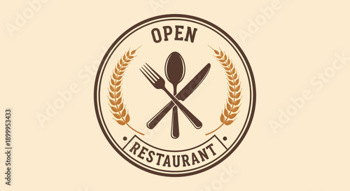 Vintage Restaurant Open Sign with Cutlery and Wheat Wreath.