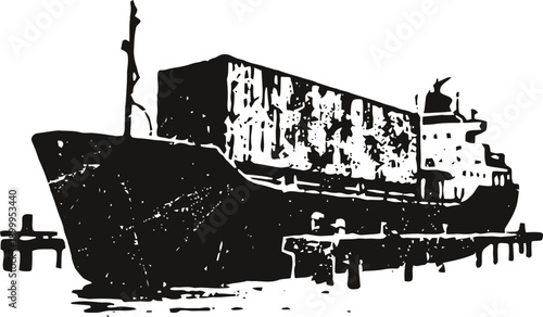 Cargo container ship docked at a pier with stacked containers on board and industrial waterfront