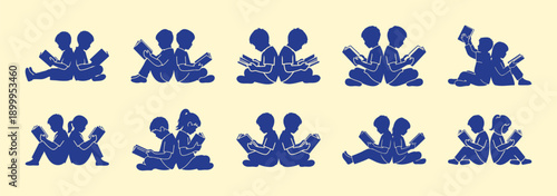Children Reading Books Together Back-to-Back, Diverse Poses, Flat Design Vector Illustration