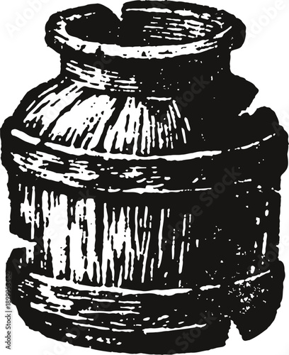 Old rustic wooden barrel with metal hoops vintage illustration, traditional storage container design