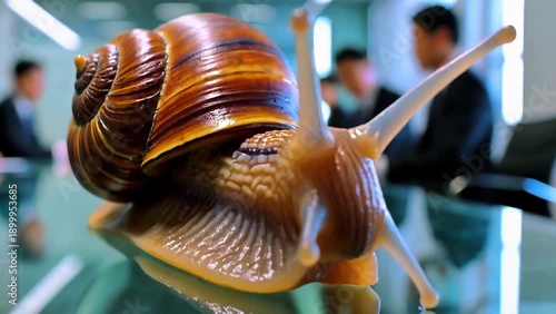 Giant snail crawling on glass conference table with twitching eye stalks and slime trail. Surreal business imagery in modern corporate office with blurred professionals in meeting.