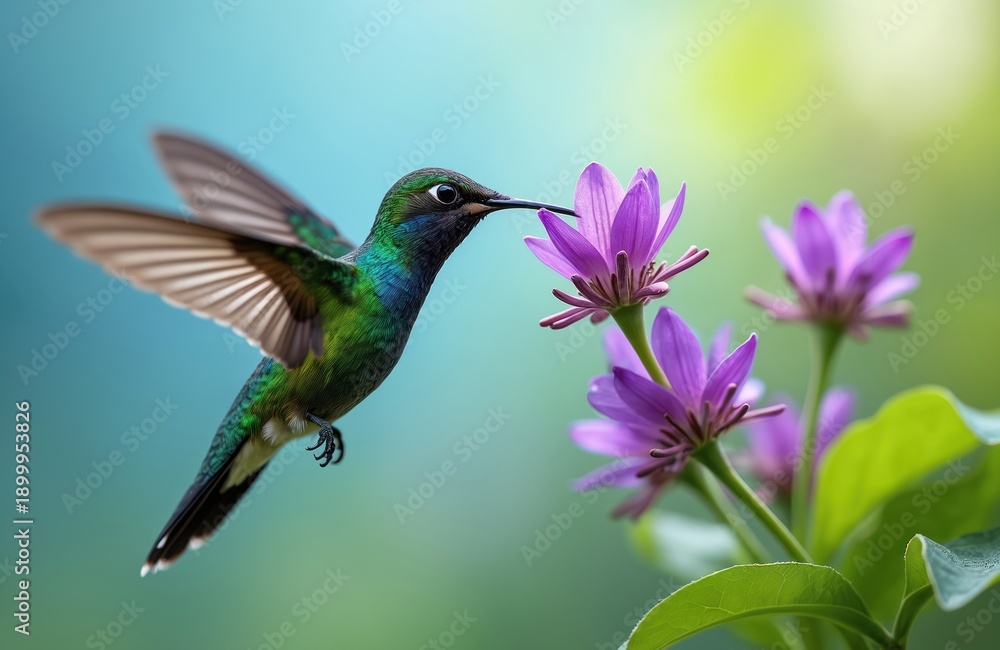 Fototapeta premium Green hummingbird hovers near purple flowers drinking nectar. Tiny bird with iridescent feathers flits mid-air in garden. Wildlife scene shows avian feeding on bloom.