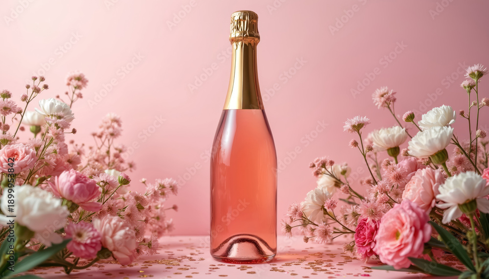 Fototapeta premium Rose sparkling wine bottle with gold foil cap sits among delicate pink and white flowers. Confetti scattered on pink surface suggests celebration, romance, and special events.