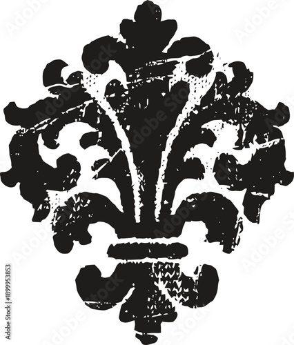 ornate fleur de lis decorative emblem in vintage grunge black ink