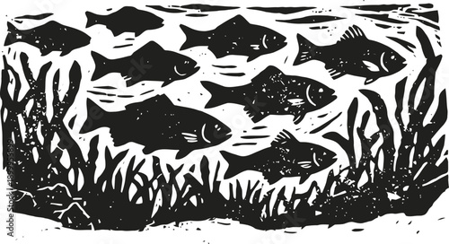 School of fish swimming underwater around seaweed and aquatic plants silhouette illustration