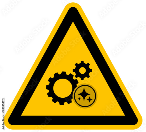 Icono de engranajes industriales y símbolo de inteligencia artificial en señal de peligro vector de estilo plano