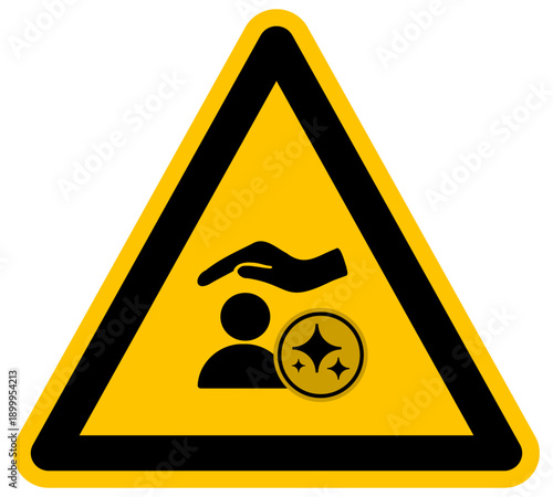 Icono de protección humana y cuidado social con soporte de inteligencia artificial en señal de advertencia vector