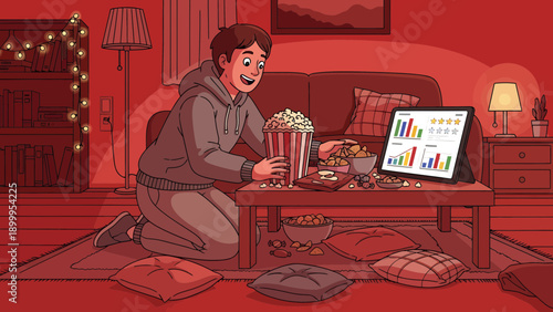 Person enjoying popcorn while watching a screen with data charts.