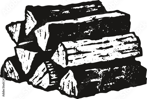 Stack of firewood logs illustration in black and white vintage style, detailed woodcut texture hand drawn