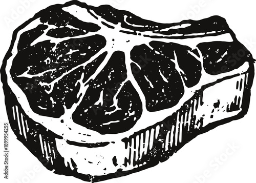 Vintage black and white illustration of a raw steak cut with marbling and fat detail