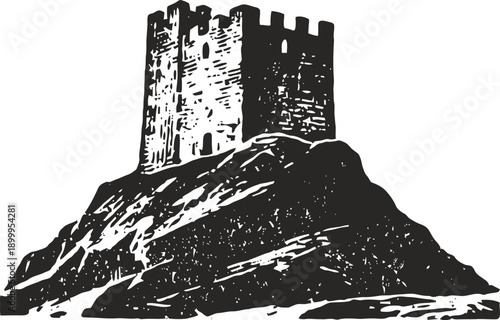 Medieval stone watchtower on rocky hill, fortress tower silhouette, ancient castle defense structure