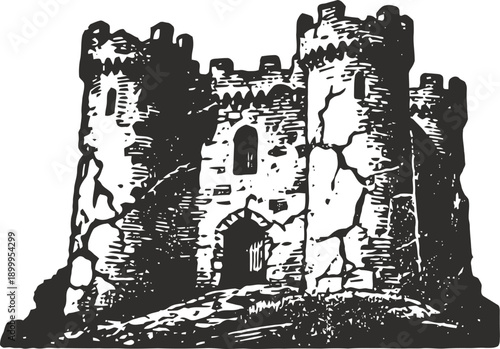 Old stone castle ruins with tall towers and arched entrance medieval fortress silhouette drawing