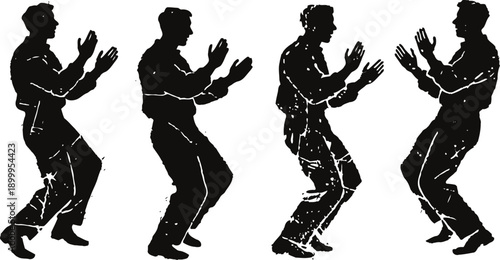 Silhouettes of a man dancing in various poses, expressive energetic movements, vintage illustration