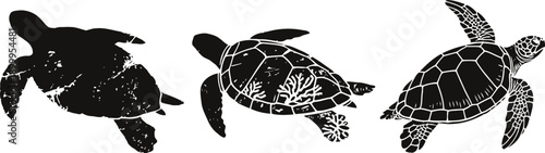 three black silhouette sea turtles swimming marine wildlife illustration isolated on white background
