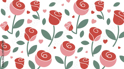 Charming Valentine's Day Floral Pattern with Hearts and Roses in a Flat Design Style
