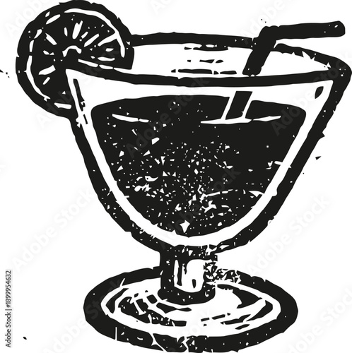 Vintage illustration of a cocktail glass with lemon wedge and straw