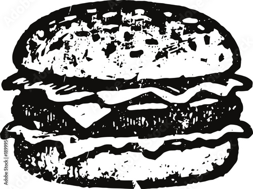 Hand drawn black and white cheeseburger illustration with lettuce, cheese, and sesame seed bun