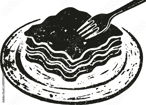 Classic lasagna on a plate with a fork, traditional italian layered pasta dish