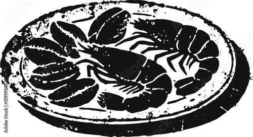 Shrimp and fried potato wedges on plate, seafood and side dish meal illustration