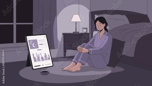 Woman in pajamas sitting on floor looking at tablet in dark room.