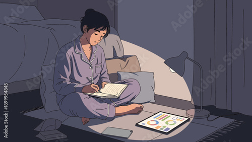 Woman in pajamas writing in a notebook on the floor.