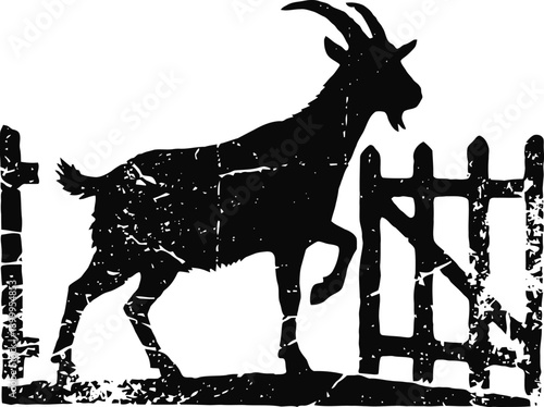 Black silhouette of a goat climbing wooden fence with rustic texture