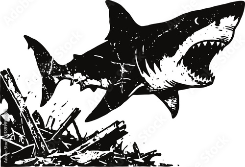 Great white shark jumping out of water with wreckage silhouette in black and white
