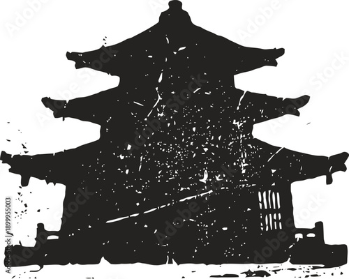 Silhouette of traditional japanese pagoda with grunge texture and distressed appearance