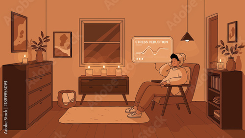 Woman relaxing in a cozy living room with warm lighting.