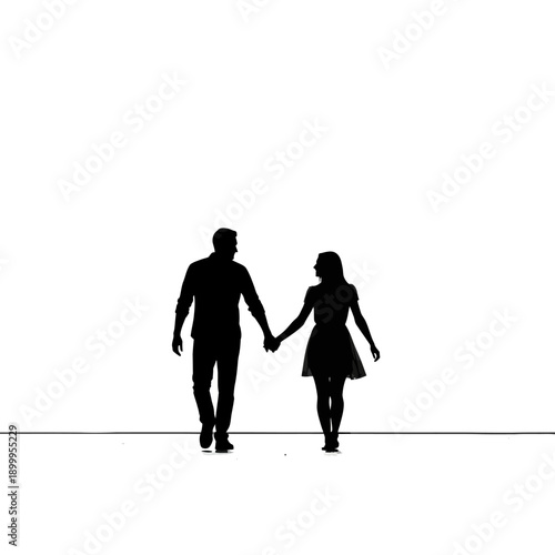 Loving couple walking hand in hand in silhouette