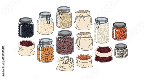 Hand-Drawn Pantry Staples Illustration: Assortment of Dry Beans, Legumes, and Grains Stored in Glass Jars and Fabric Bags on a White Background