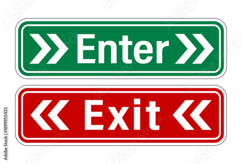Green Enter sign and red Exit sign with two right arrows on both side of the words. horizontal shape. Sticker.