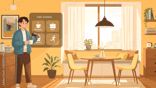 Young man pouring coffee into a mug in a cozy home setting.