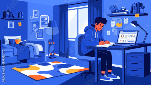 Young man studying at desk with laptop in his room.