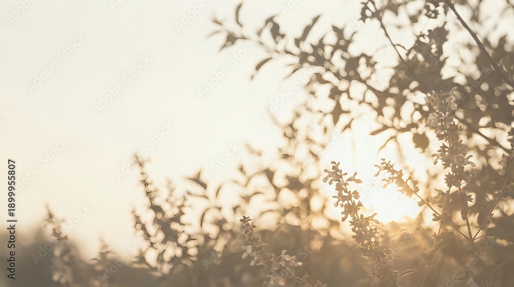 Obraz premium Soft golden sunlight filtering through delicate tree branches and leaves creating dreamy bokeh effect during sunset or sunrise hour for peaceful nature backgrounds.